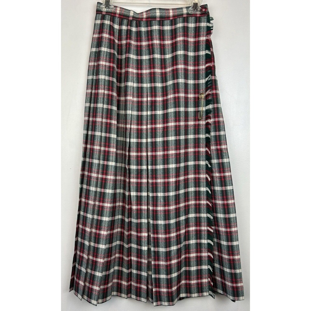Vintage Plaid Skirt Womens 8 Fringe Pleated Wrap Midi Pin Preppy Academic